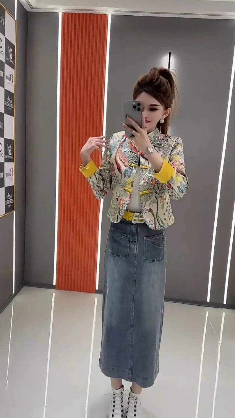 Women Print Coat 2025 Spring New Retro Chinese Printed Splicing Plate Buckle Stand Collar Long Sleeve Short Jacket Women