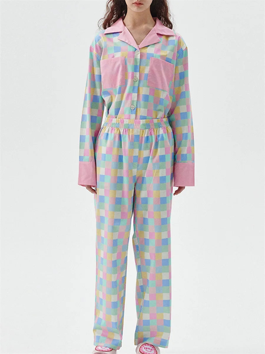 Women 2 Piece Pajamas Set Colorful Plaid Print Long Sleeve Button up Shirt and Elastic Pants for Loungewear Soft Sleepwear Pjs