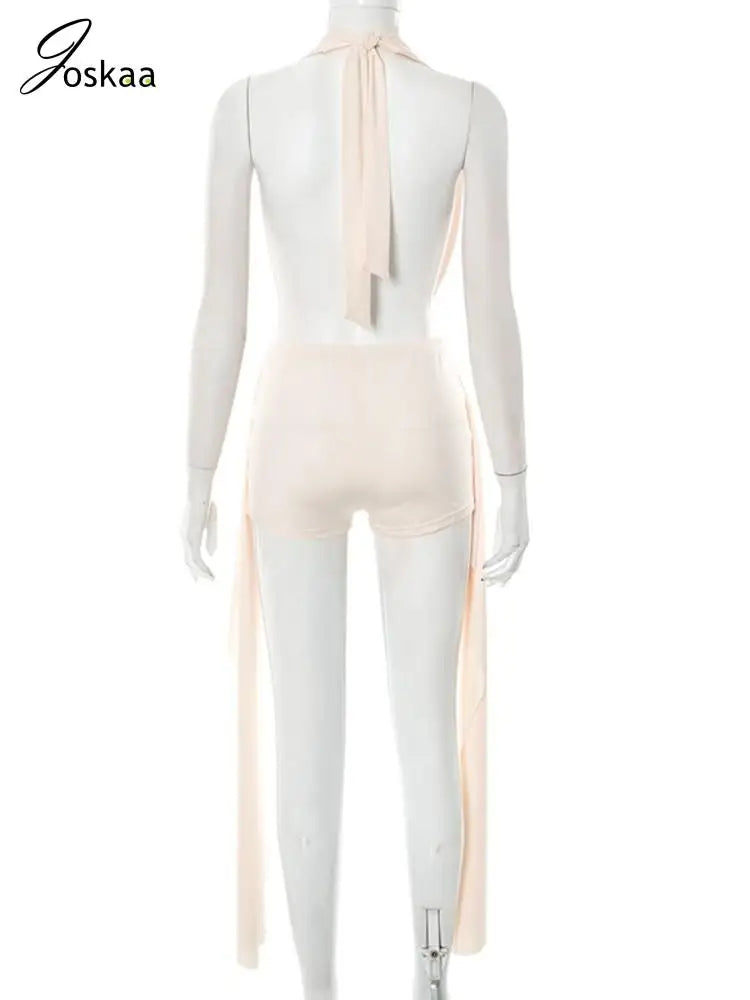 Joskaa 2025 Summer Beach Style 2 Piece Sets Women Sexy Backless Bandage Halter Tops and Ribbons Shorts Matching Vacation Outfits