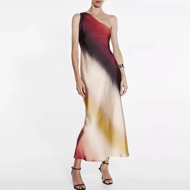 Casual Sleeveless Party Dress Fashion Asymmetrical Gradient Printed Dress Summer Women's Diagonal Collar Satin Long Dress Mujer