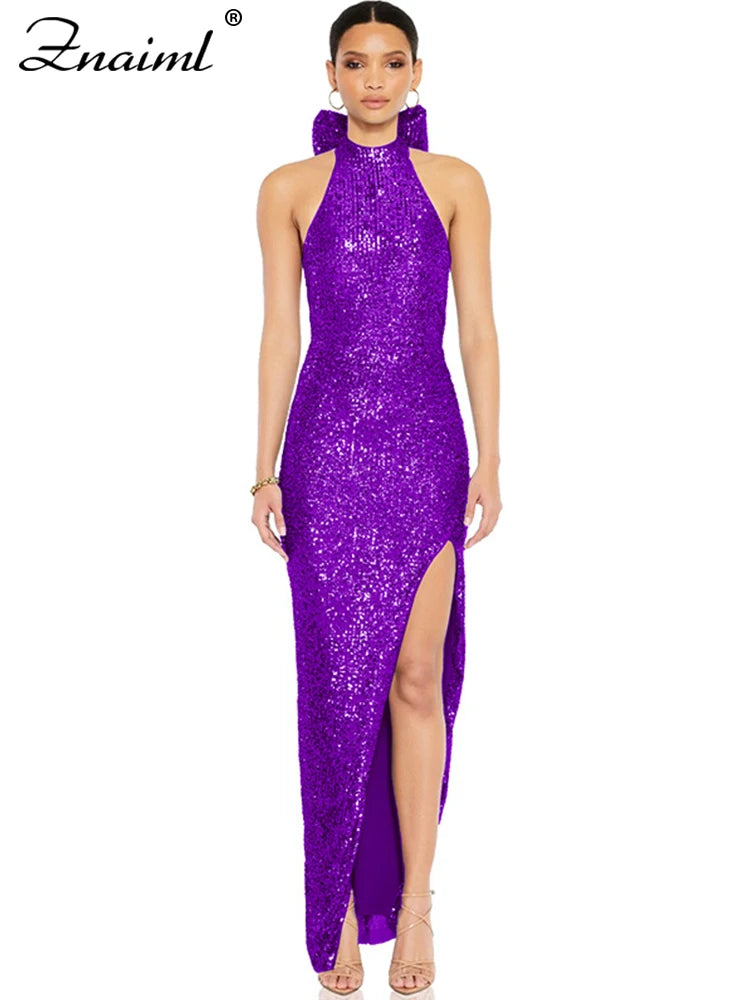 Znaiml Elegant Luxury Sequin Halter Big Bow Backless Long Dresses Women Sleeveless High Split Birthday Evening Wedding Vestidos