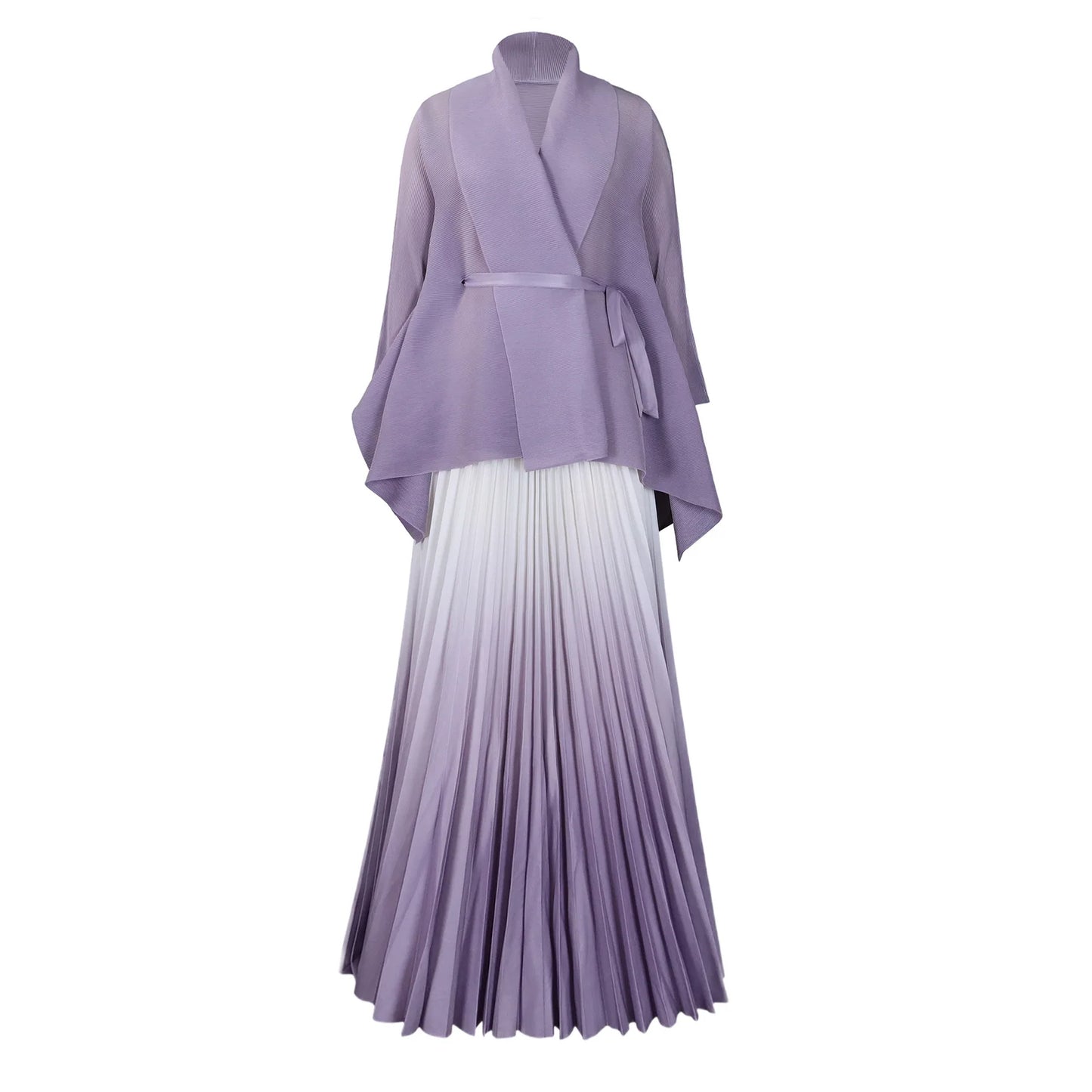 CM.YAYA Gradient Women's Set Full Sleeve Belt Blouse Shirt +Pleated Long Skirts Suit Street Two 2 Piece Set Outfit Tracksuit