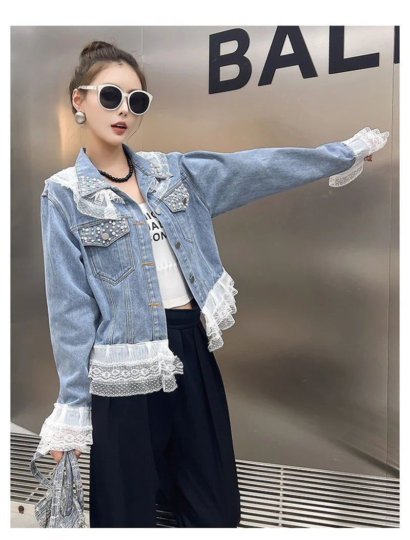 2025 Spring Autumn Women's Nail Bead Short Denim Jacket Female New Korean Version Design Sense Fashionable Lace Edge Jacket Top