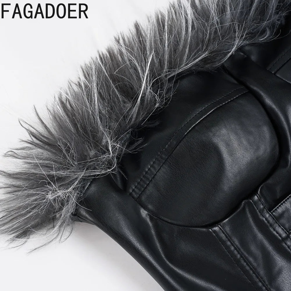 FAGADOER Punk Gothic Sexy Fur Leather Patchwork 2 Pieces Set for Woman Sleeveless Backless Tops and Bubble Puff Skirt Streetwear