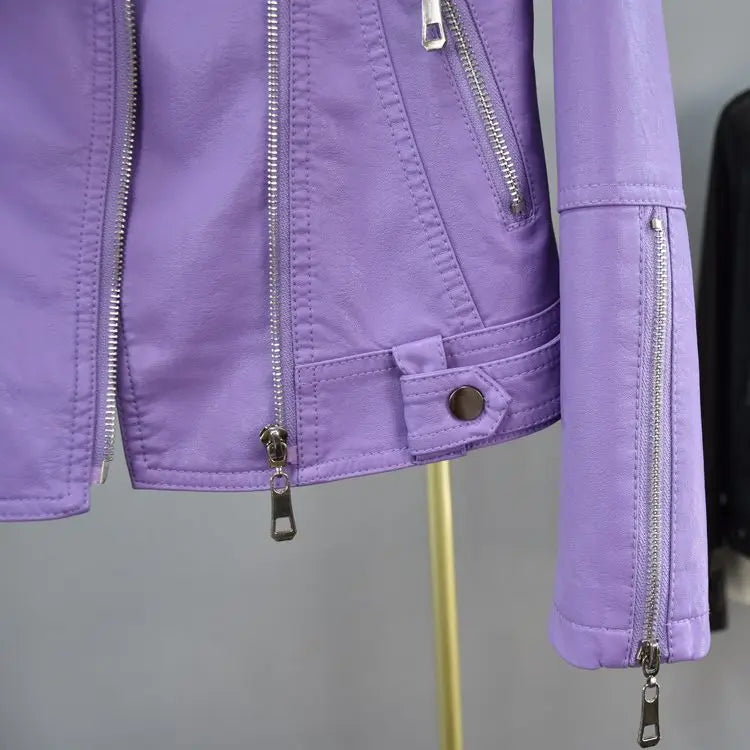 Purple Leather Jacket Women's Short Coat Slim Spring and Autumn Short Clothing