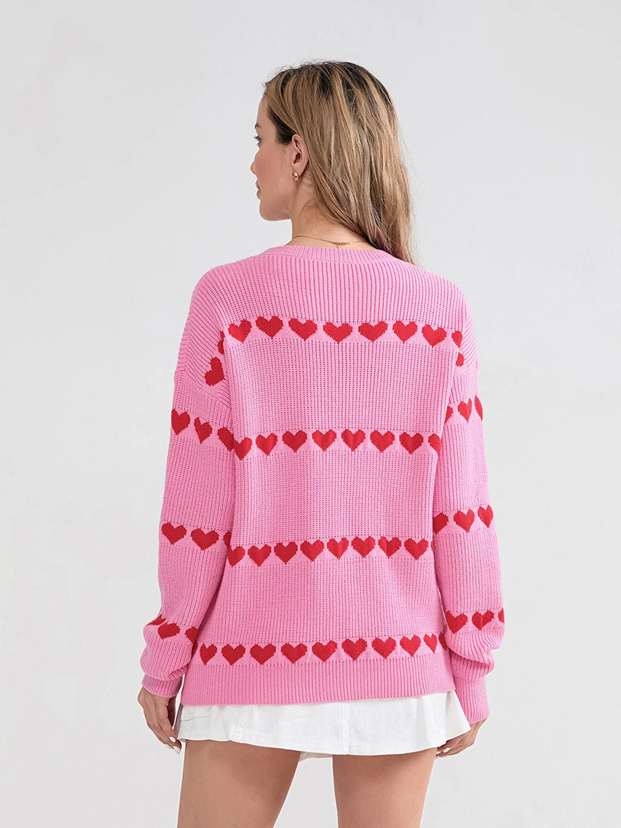 Women Valentine's Day Knit Sweater Heart Print Long Sleeve Round Neck Pullovers Fall Winter Casual Loose Knitted Jumpers Tops
