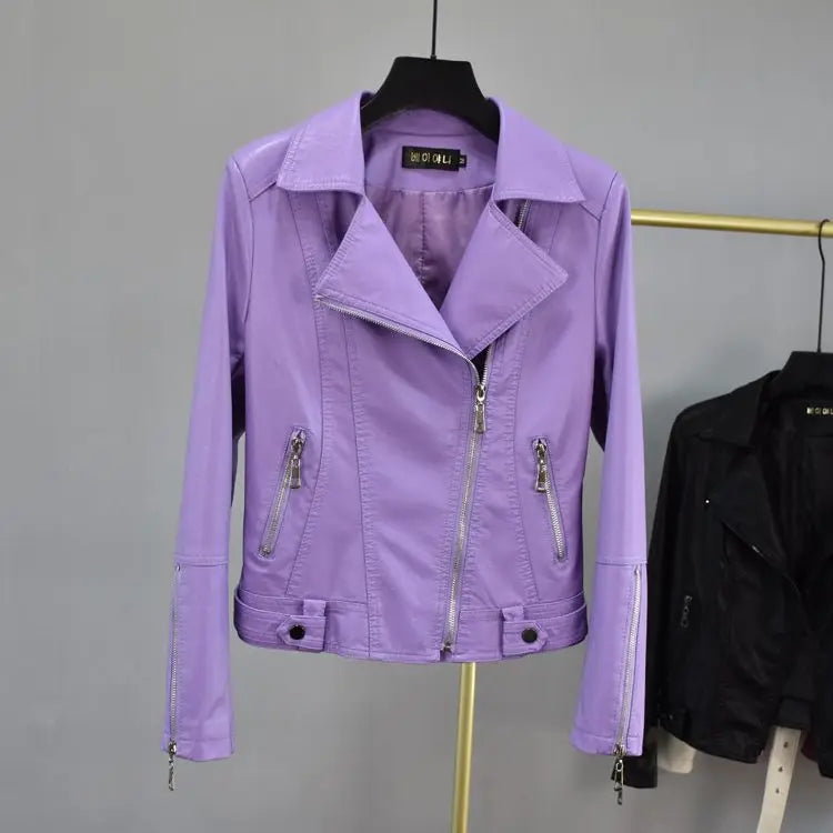 Purple Leather Jacket Women's Short Coat Slim Spring and Autumn Short Clothing