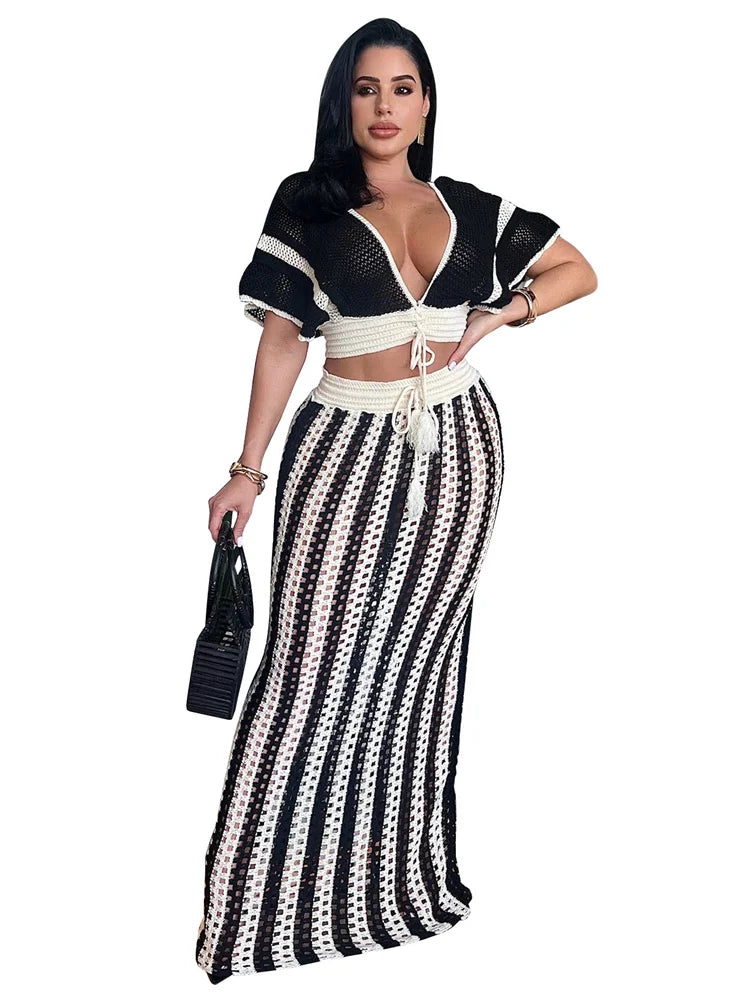 Wmstar Women Two Piece Set Sexy Elegant Knitted Crochet Beach Stripe Crop Tops Long Skirts Matching Set Holiday Birthday Outfits