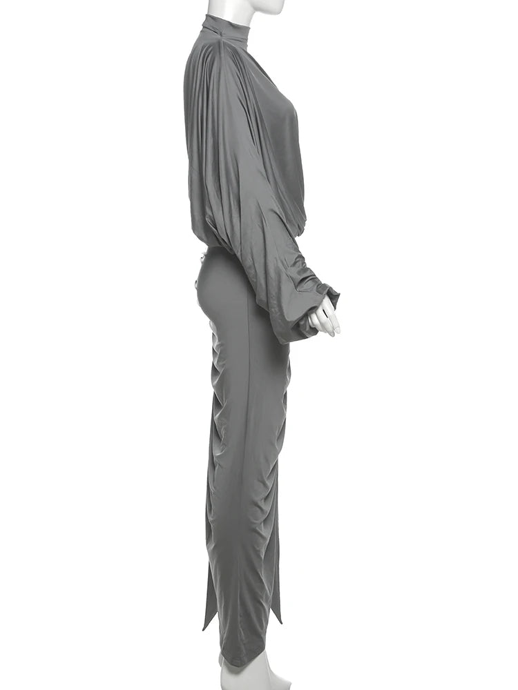 kliou Unique Irregular Women 2 Piece Set Solid Swinging Pleated Single Full Sleeve Turtleneck Tops+Matching Split Maxi Skirts