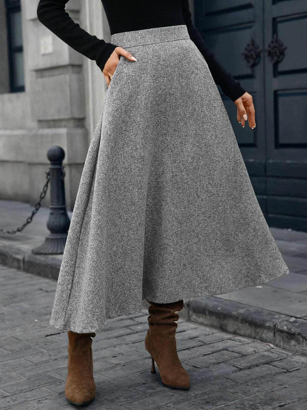 Tweed Ankle-Length A-Line Skirt with Elastic Waist for Women