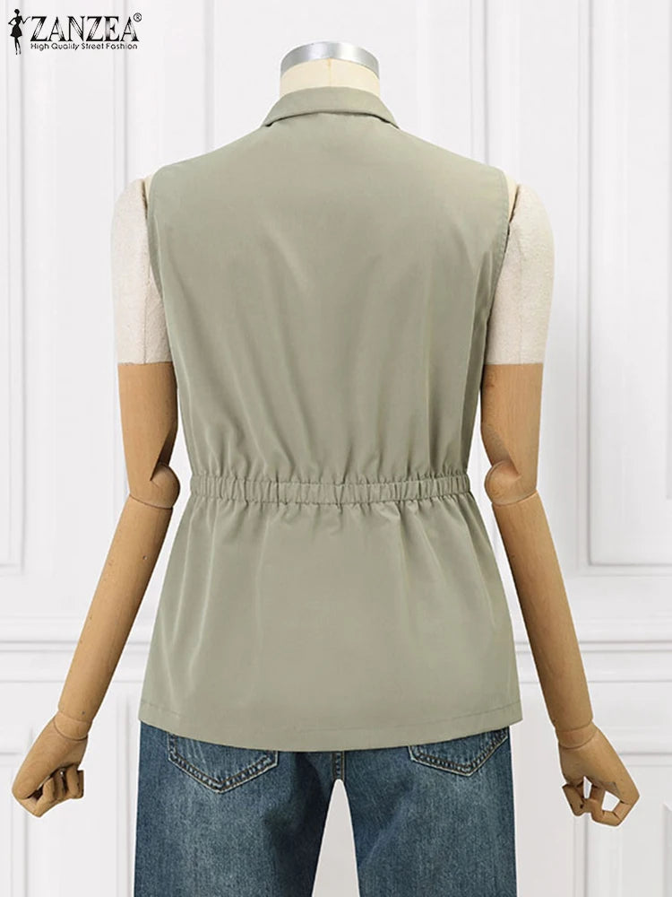 ZANZEA Women Sleeveless Waistcoat Korean Fashion Stand Collar Vest Casual Pockets Solid Tank Outwear 2024 Summer Waist Overalls