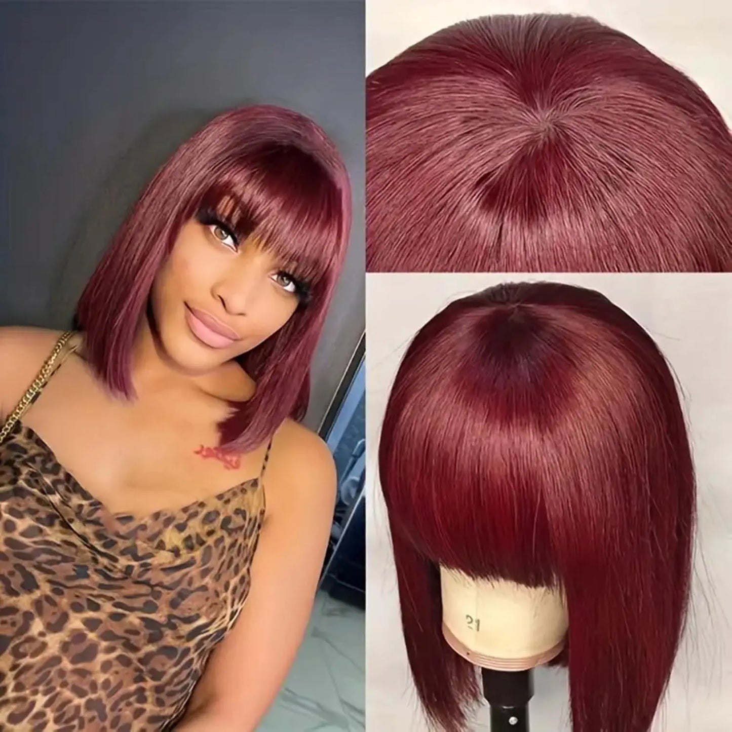 Human Hair Short Bob Wigs With Bangs Straight Hair Fringe Bob Wig for Women #4 Chocolate Brown #99j Dark Red Full Machine Wigs