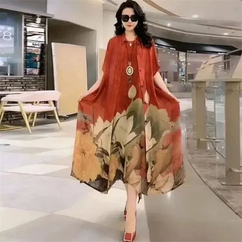 Middle Aged Mother Dress Suit Summer Casual Fashion Printing Two Piece Suits Long Dress Suits Women Temperament Dress Sets 729