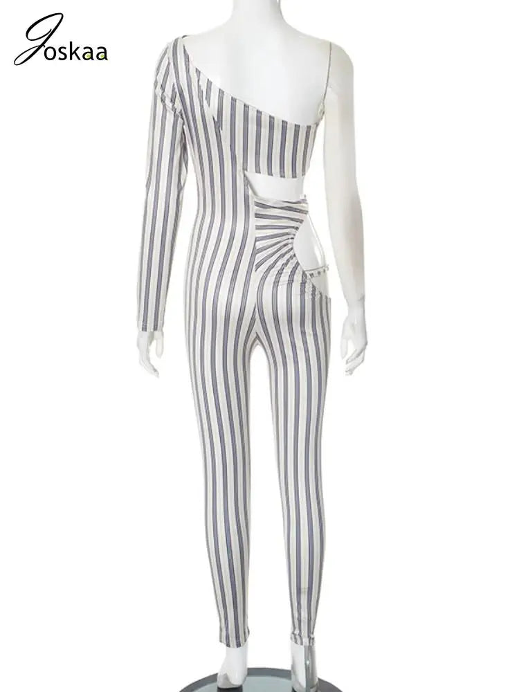 Joskaa Striped Print Cutout Jumpsuits Women Hipster Sexy Oblique Shoulder Backless Skinny One Piece Rompers Midnight Clubwear