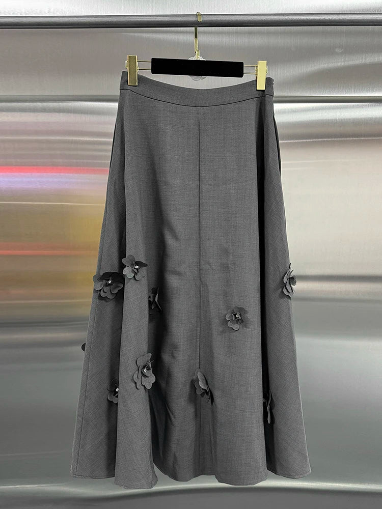 VGH Spliced Appliques Two Piece Sets For Women Round Neck Long Sleeve Coats High Waist A Line Skirts Elegant Slim Set Female New