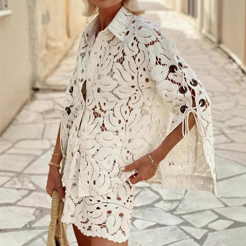 Casual Long Sleeved Loose Two Piece Sets Summer Vacation Sexy Hollow Out Lace Suit Women's Lapel Shirt and Shorts Beach Outfits