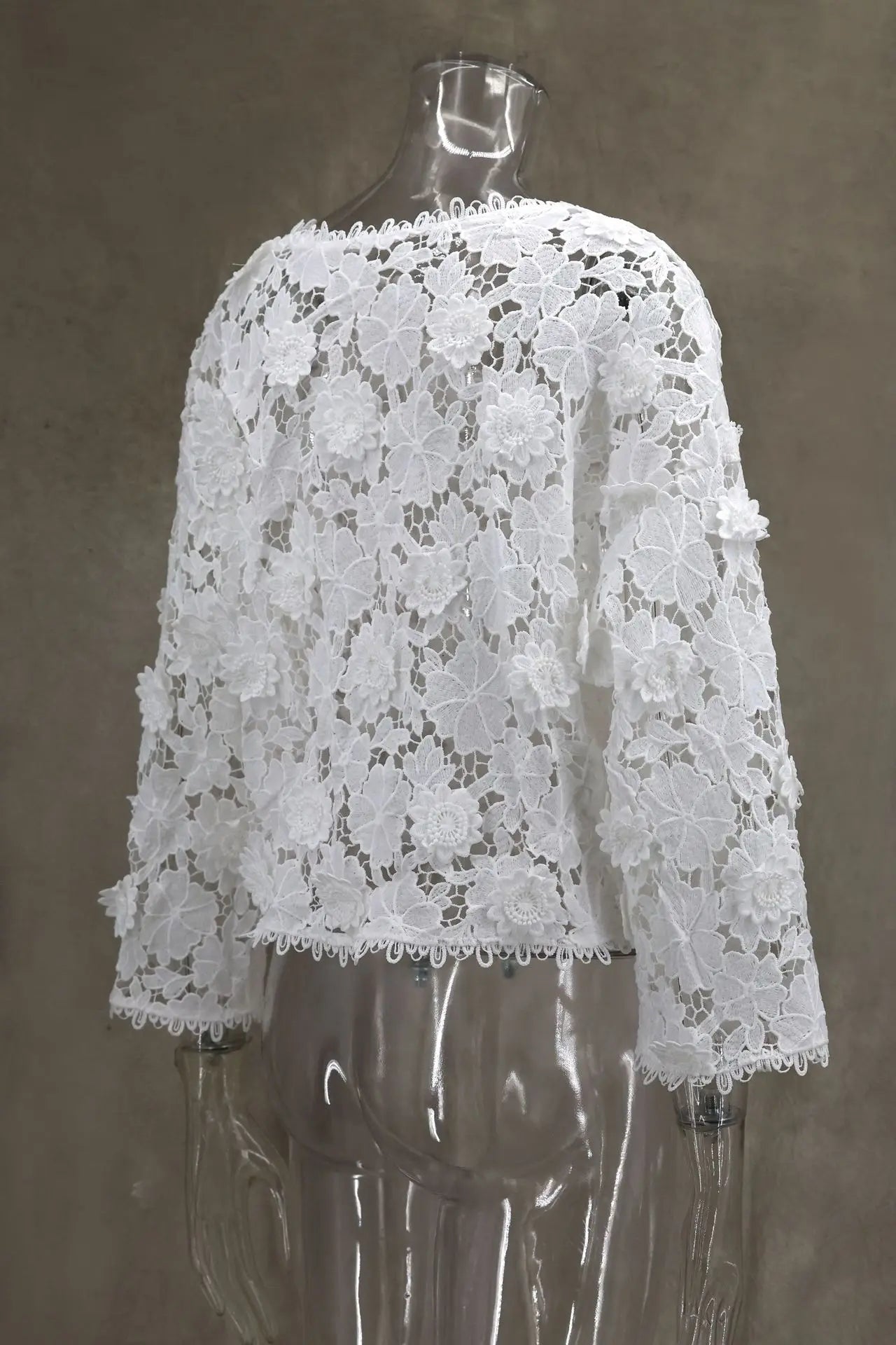 Summer Hollow Out Lace Loose Blouse Women V Neck Lace Flowers Single Breasted Long Sleeve Crop Tops Streetwear Fashion Shirts