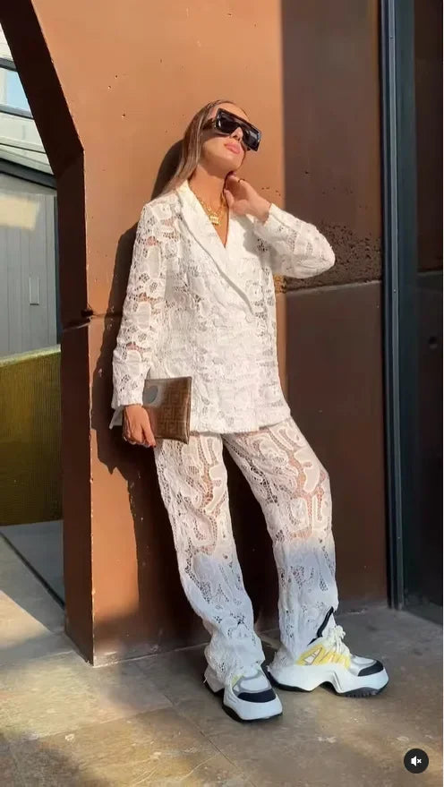CM.YAYA Vintage Women Lace See Though Long Sleeve Blazer Suit and Wide Leg Straight Pants Set 2023 Two 2 Piece Set Outfits