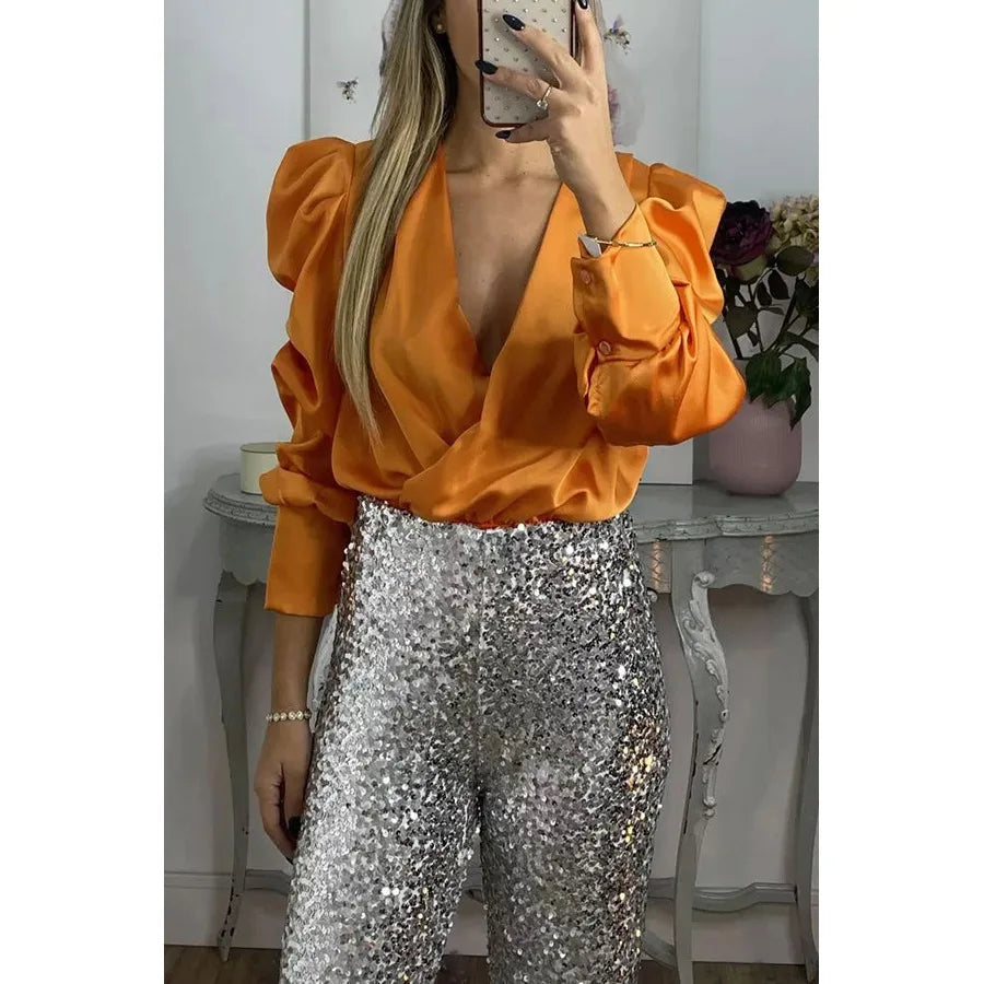 Satin V-Neck Pleated Puff Sleeve Blouse