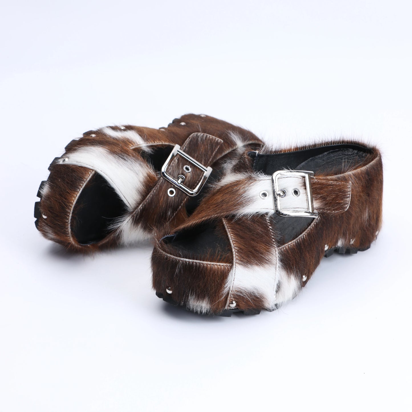 Mary Jane Platform Clogs with Arch Support Women's Adjustable Strap,Natural Calf Hair Mules, Leather-Lined Slip-On Vintage Shoes