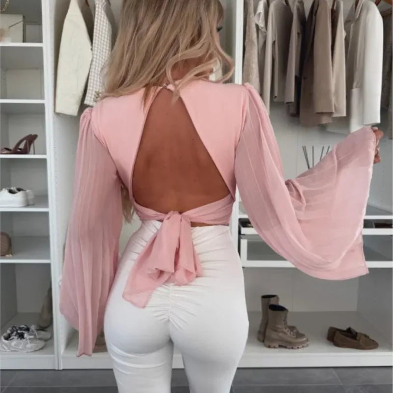 2025 Women's Spring Autumn New Fashionable Waist Collection Sexy V-neck Bag Sleeve Solid Color Wrinkled Long Sleeve Top