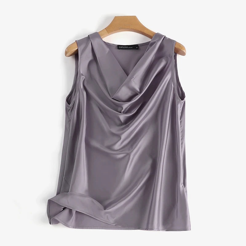 ZANZEA Women Satin Tank Tops Elegant Cowl Neck Sleeveless Blouse Korean Fashion Silk Solid Color Tanks Office Lady Sexy Camisole
