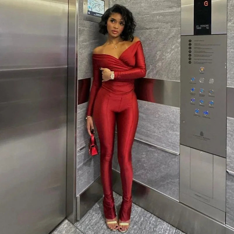 2025 Spring/Summer Women's Sexy Off Shoulder Big V-neck European and American Style High Waist Tight Pants Casual Sports Set