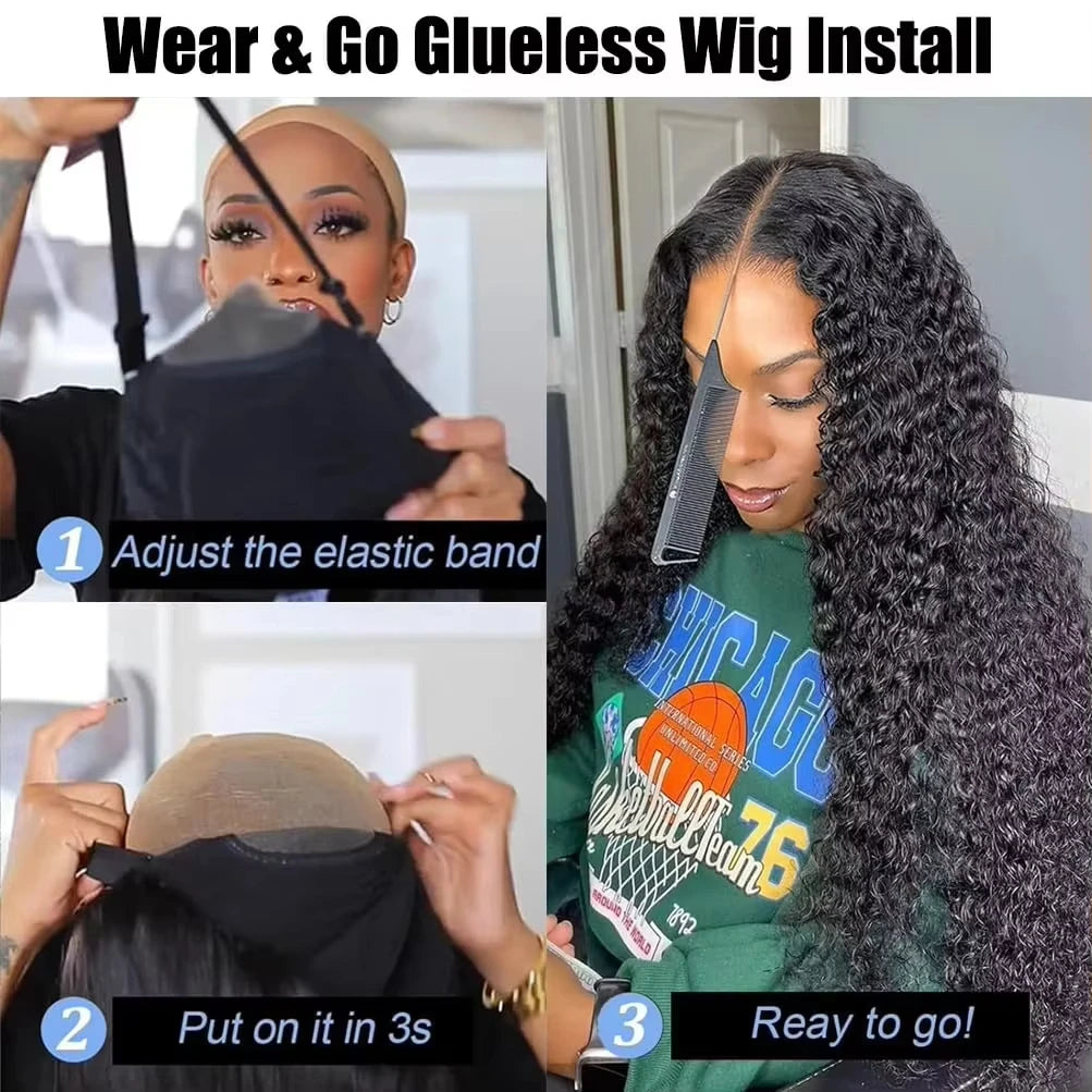 Deep Wave Wear & Go Glueless Pre-Cut Lace Wig Pre-Plucked Natural Black Water Wave Glueless Wig Curly Human Hair Wigs For Women