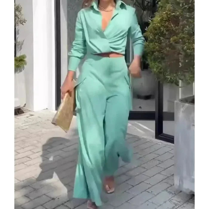 2 Piece Set Women Clothes Elegant Commute Long Sleeve Top & High Waist Wide Leg Pants Fashion Suit for Female 2025 Summer New