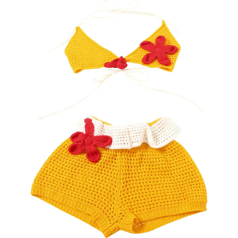 Joskaa 3D Flower Knit Beach Style 2 Piece Sets Women Sexy Halter Bra and Patchwork Shorts Matching 2025 Summer Holiday Outfits