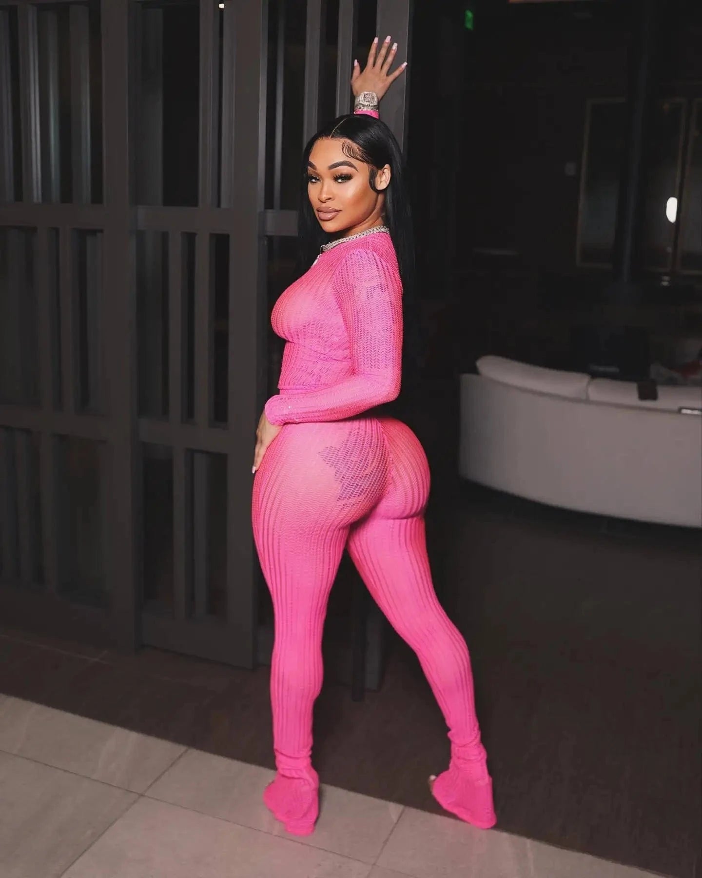 CM.YAYA Fashion See Though Women's Set Long Sleeve T-shirt and Flare Pants 2024 Active Street Two 2 Piece Sets Outfits Tracksuit