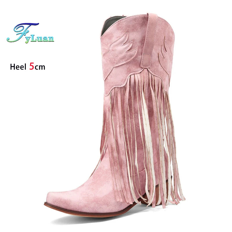Retro Western Style Mid Calf Boots With Block Heel Tassels For Women