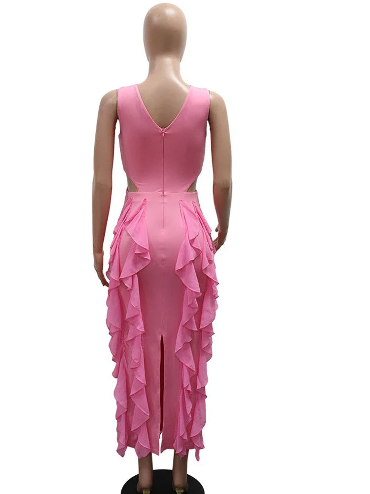 Stylish Deep V Neck Ruffles Tierred Long Party Dresses For Women Cute Pink Ruched Night Out Vestidos Outfits Clubwear