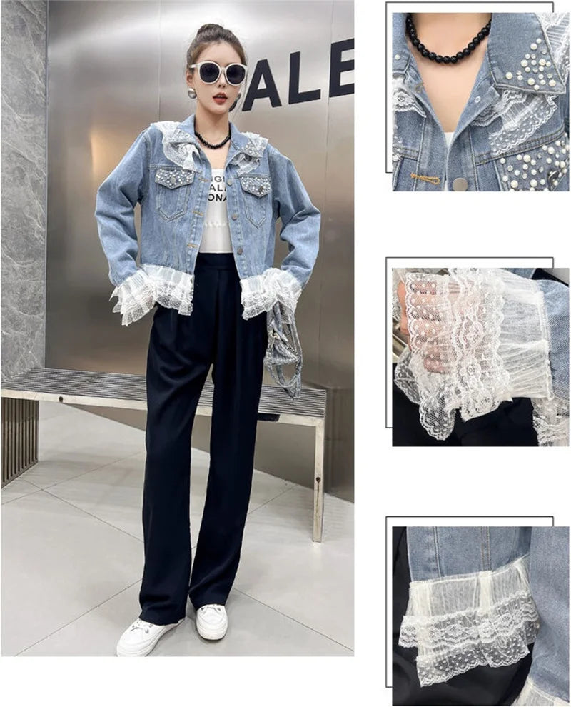 2025 Spring Autumn Women's Nail Bead Short Denim Jacket Female New Korean Version Design Sense Fashionable Lace Edge Jacket Top