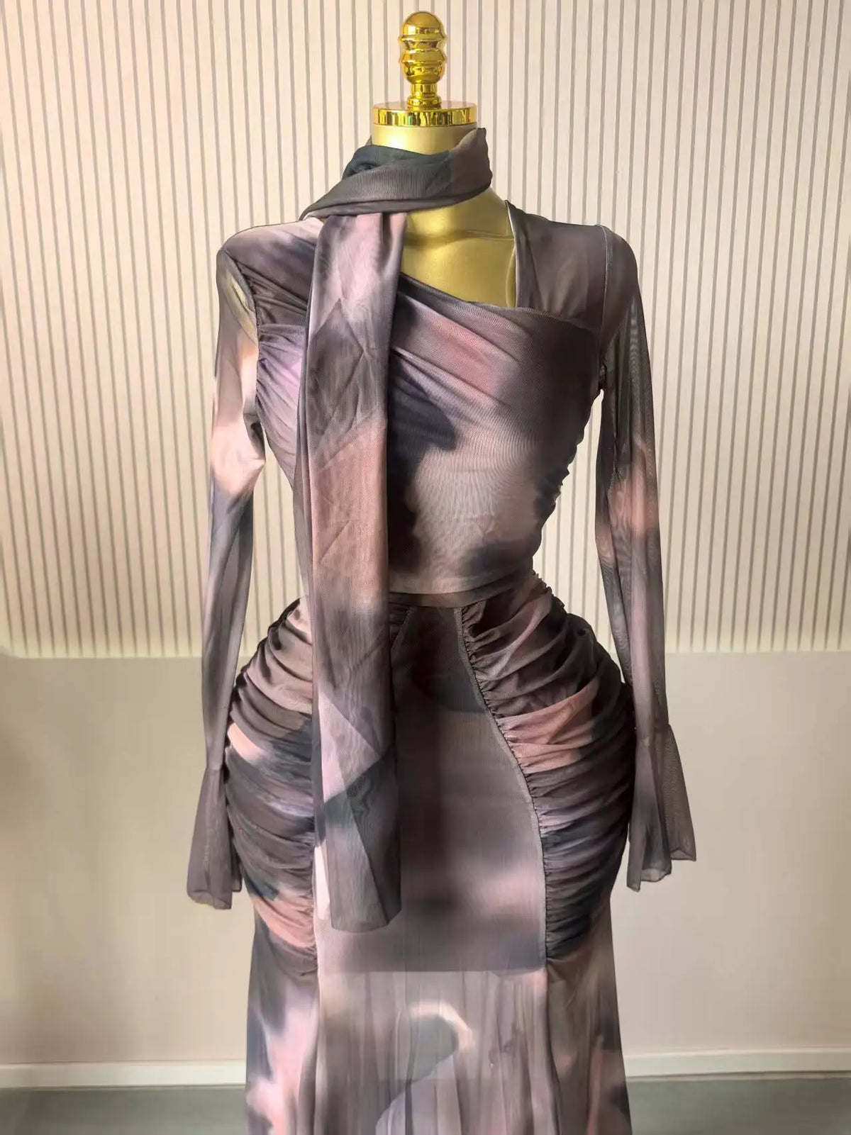Tie Dye Ruched Skew Neck Long Sleeve Maxi Dress for Women