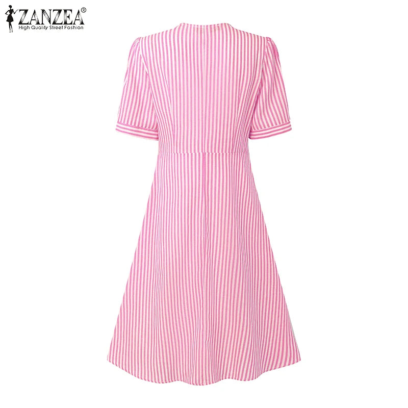 ZANZEA Women Elegant Striped Midi Dresses 2025 Summer Fashion V-Neck Short Puff Sleeve Fitted Waist A-Line Robes Femme Korean