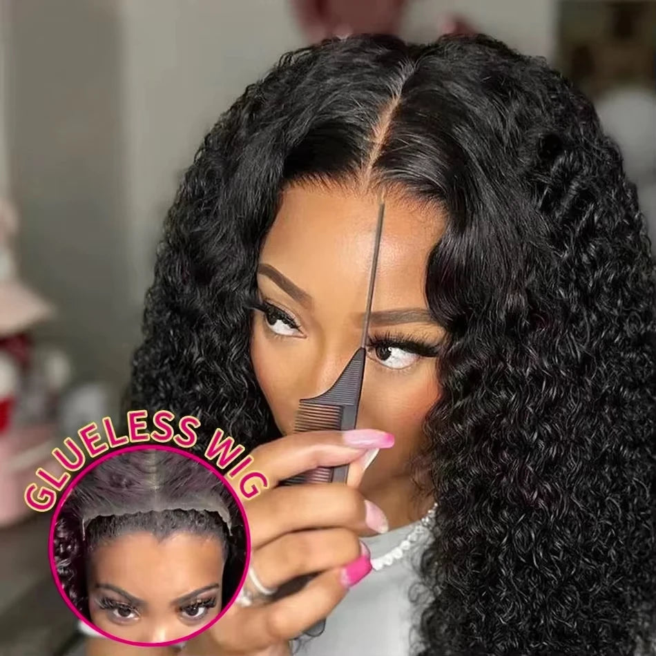 Deep Wave Wear & Go Glueless Pre-Cut Lace Wig Pre-Plucked Natural Black Water Wave Glueless Wig Curly Human Hair Wigs For Women