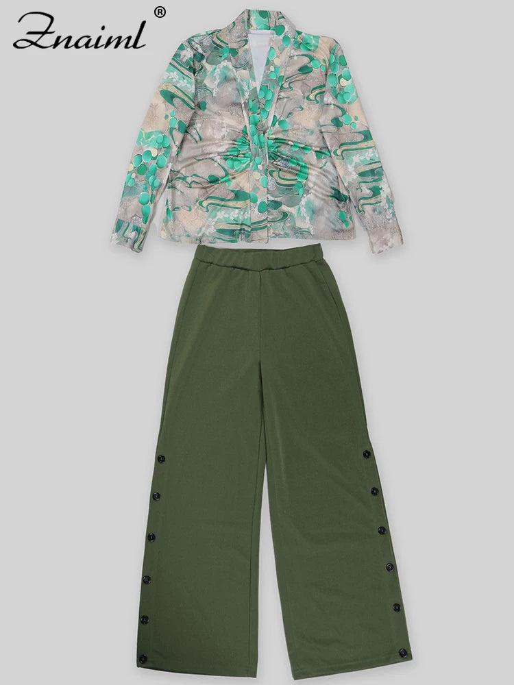 Znaiml Elegant Women's Pants Set Long Sleeve Print Shirt and Wide Leg Pant Autumn Two 2 Piece Sets Streetwear 2PC OL Outfits New
