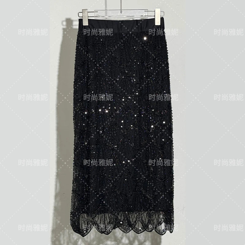 Fashion New Fashion Long-sleeved Sequined Pearl Bead Cardigan Women's Top High-waisted Skirt 2-piece 2025 Spring New Skirt Sets