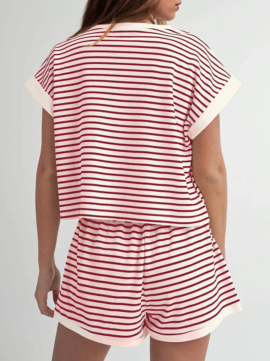 Women’s Casual 2 Piece Outfits Summer Short Sleeve Stripes Print Tops + Elastic Waist Shorts Set Loungewear for Sports Work Out
