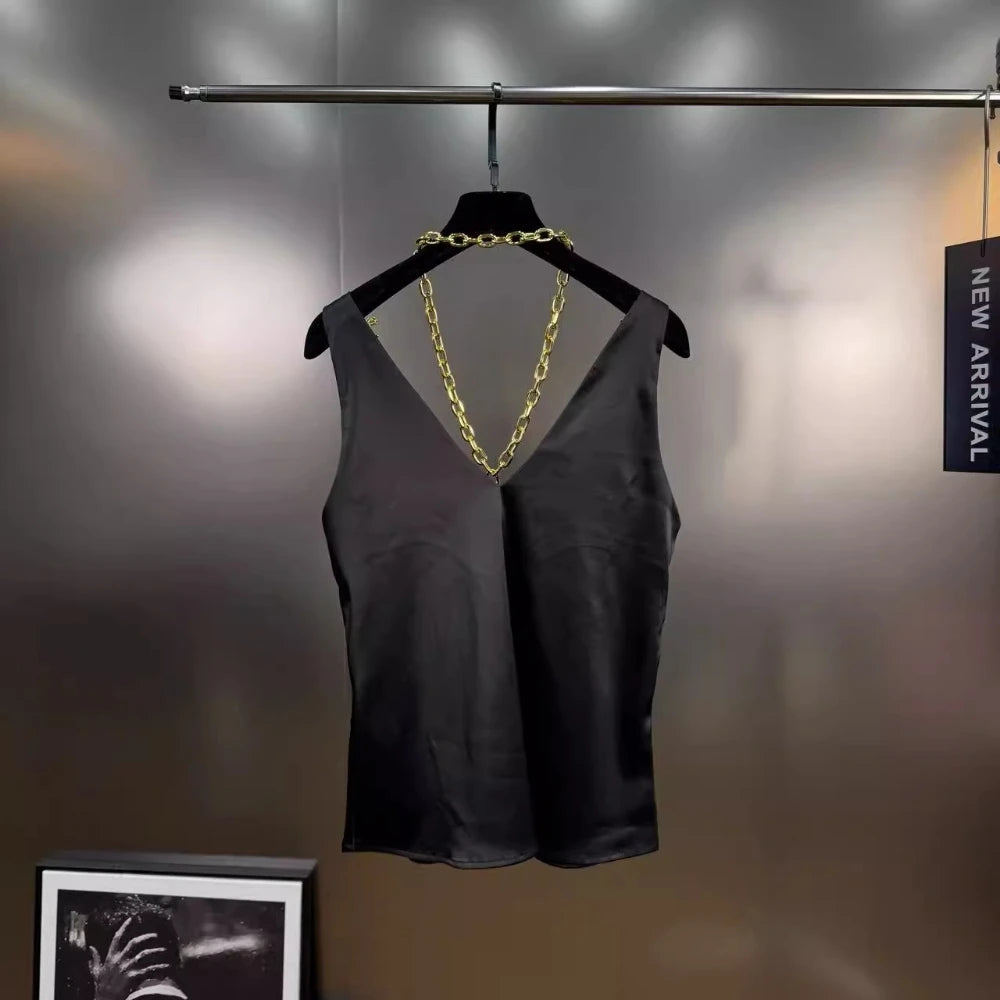 VGH Solid Color Spliced Metal Chain Basics Vest for Women V Neck Sleeveless American Streerwear Tank Tops Female Fashion Style