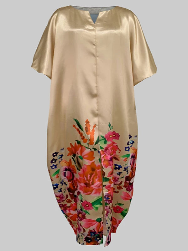 Beautyblue Plus Size Women's Clothing Robe De Soiree Femmes Elegant Floral Printed Boat Neck Puff Sleeves Oversized Maxi Dress