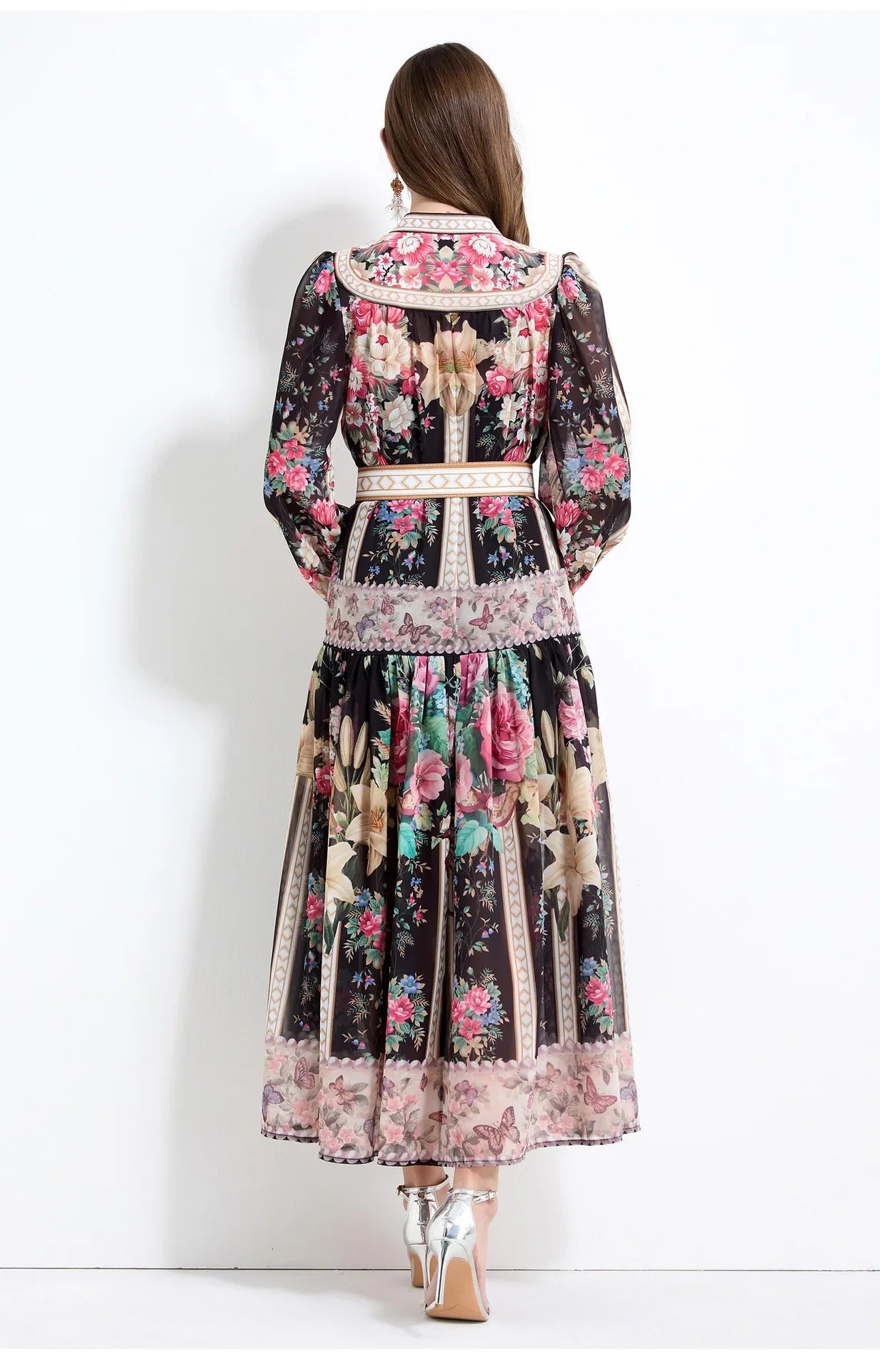 Elegant French Vintage Dress Women's High Waist Belted Print Court Style Long Dress Classy Sensation Skirt Fashionable Gown