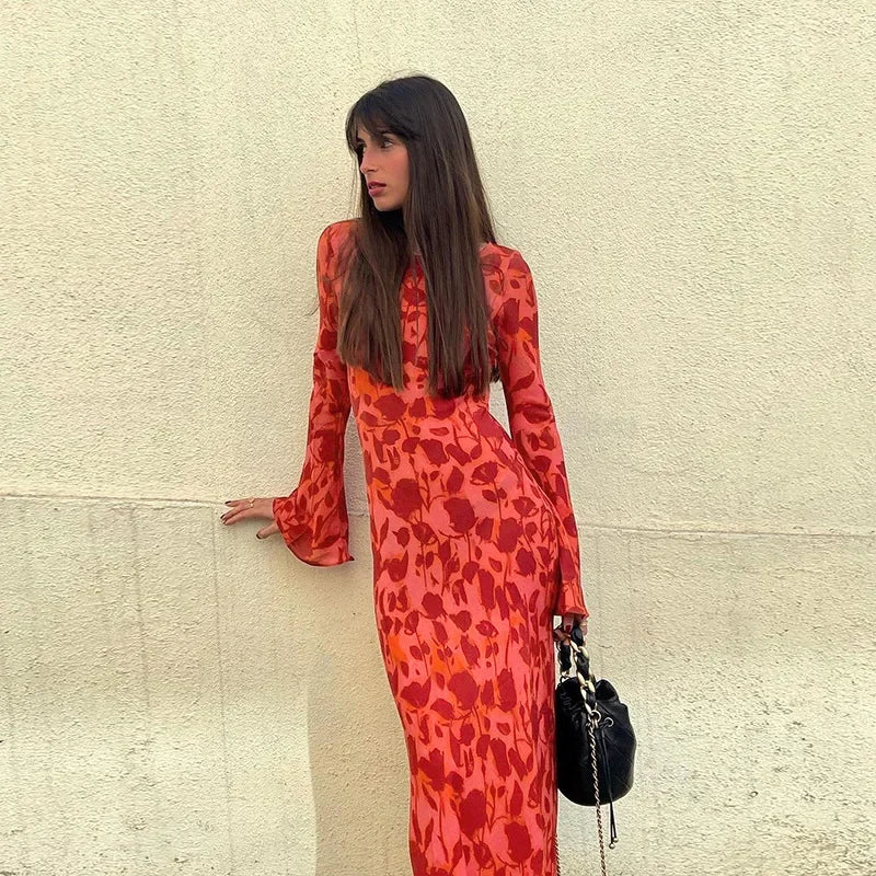 Temperament printed crewneck basic dress female fall style fashion elegant slim dress
