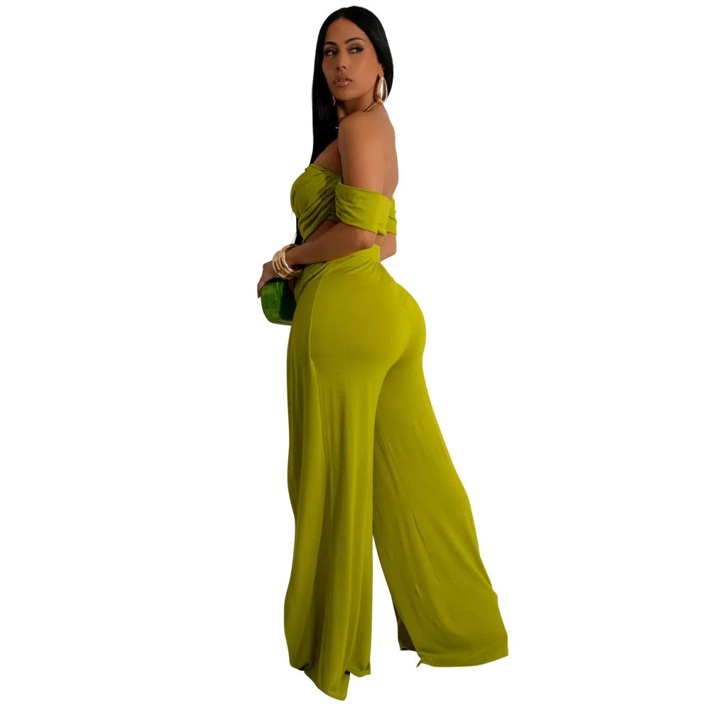 CM.YAYA Women's Set Short Sleeve Slash Neck Ruched Tops and Wide Leg split Pants 2024 Street Two 2 Piece Sets Outfit Tracksuits