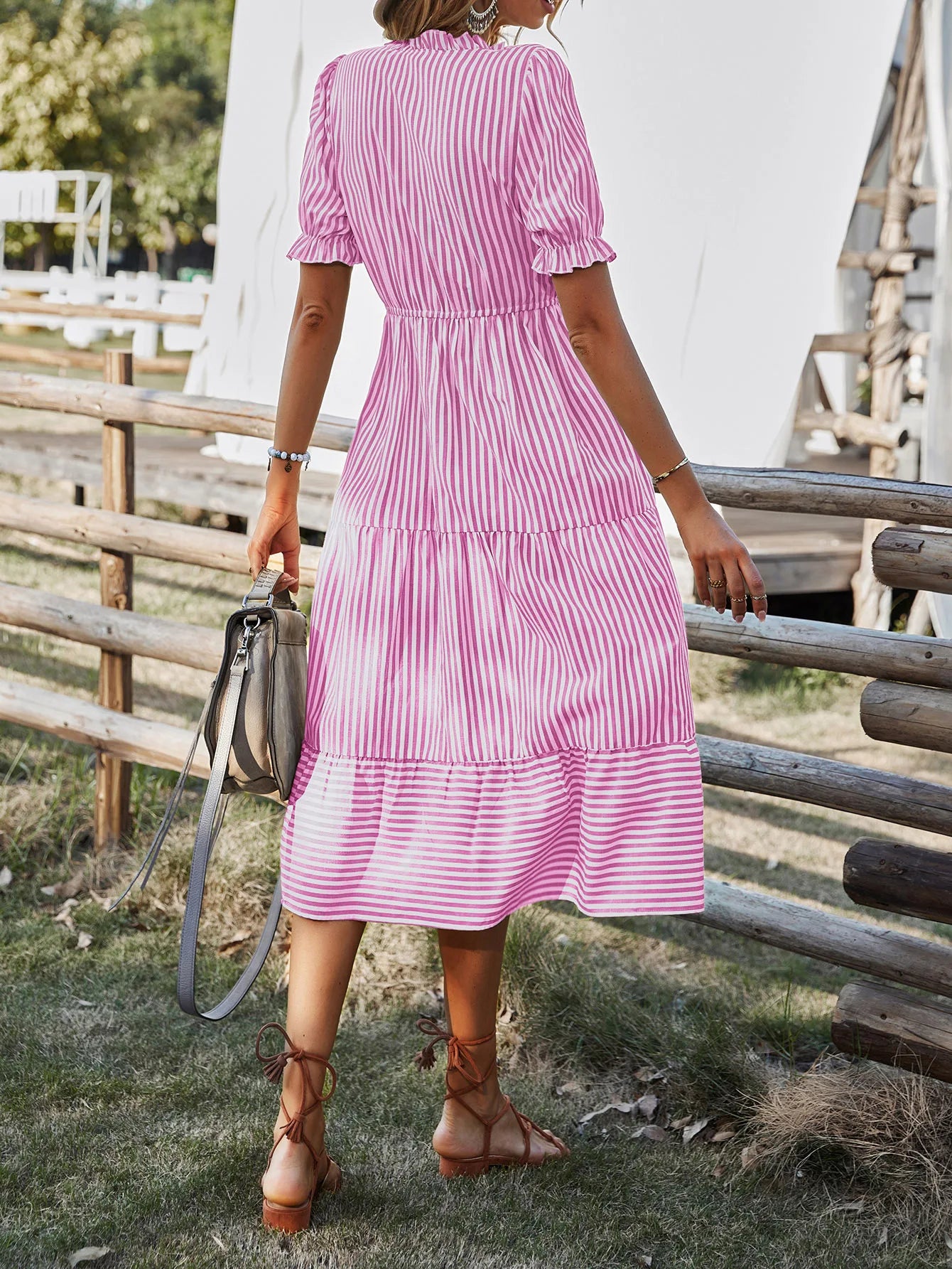 Summer Women's Striped Short Sleeve V-Neck Elastic Waist Dress