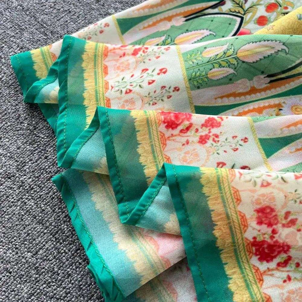 Women's Turtleneck Lantern Sleeve Single Breasted Flower Print Maxi Dress Autumn Bohemian Chiffon Green Belt Holiday Vestidos