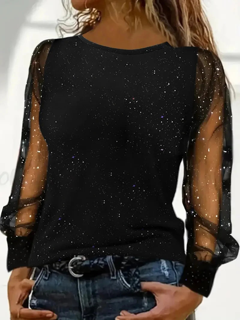 Fashion Blouse Women Glitter Puff Sleeve Sheer Mesh Print Elegant Long Sleeve Office Shirt 2025 Blouses Spring Ladies Casual Top