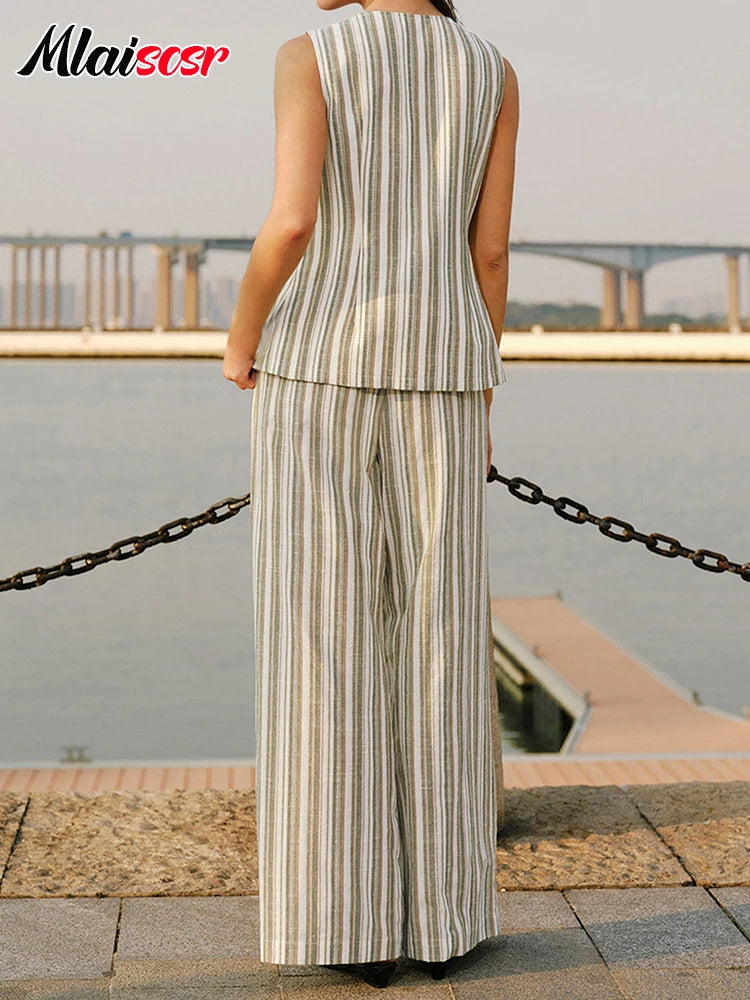 Mlaiscsr Women's Stripe Sleeveless V Neck Top and High Waist Wide Leg Pants 2 Piece Set Summer Office New Europe America Outfits
