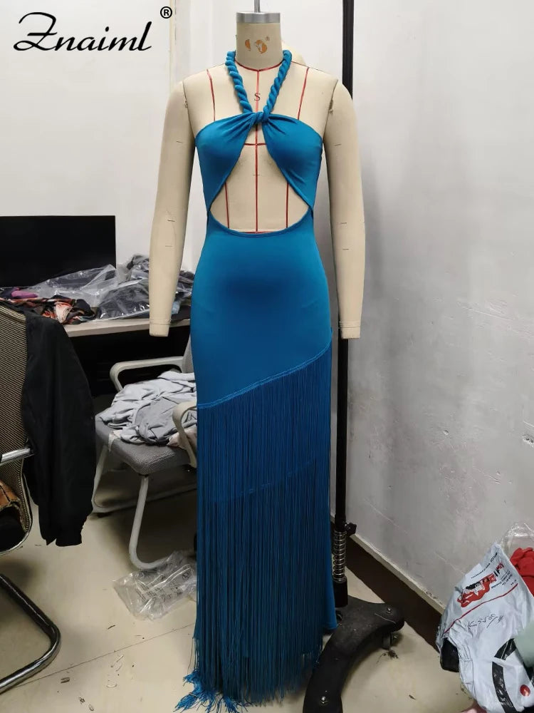 Znaiml Sexy Halter Backless Tassel Bodycon Blue Maxi Dress for Women Elegant Celebrity Birthday Party Evening Prom Formal Robe